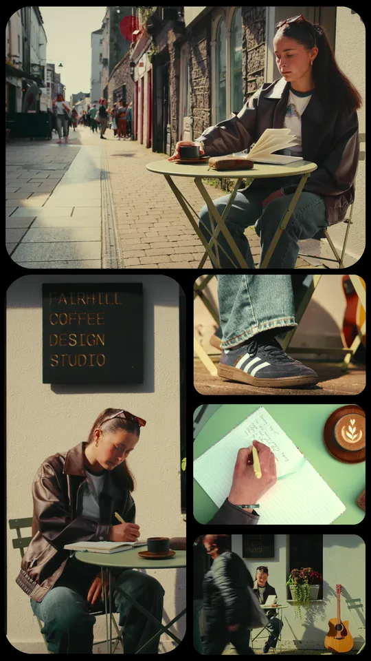 Split-screen video preview of a woman writing at an outdoor café